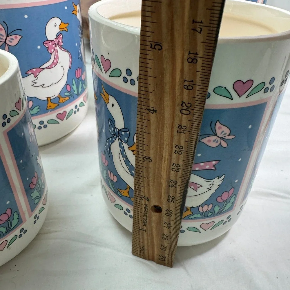 Vintage Country Goose Ceramic Canister Set 4 Piece Blue Pink Hearts 80s Kitchen